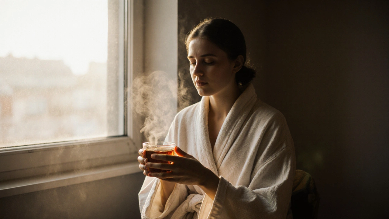 A person sitting calmly in a robe after a session, holding tea with eyes closed.