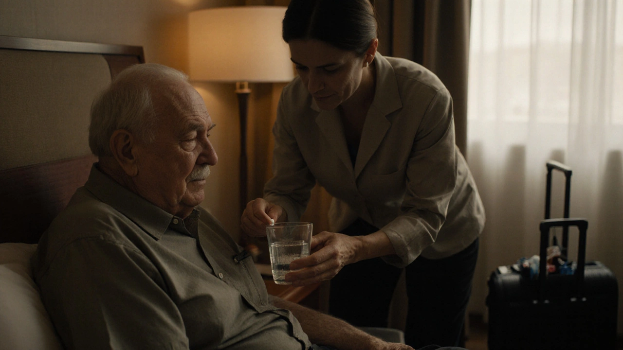 An older man receiving medication from a companion in a quiet hotel room.