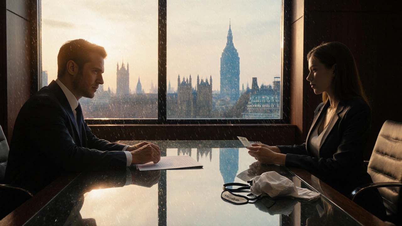 Cinematic office negotiation, client and escort exchange consent form with safety props nearby.