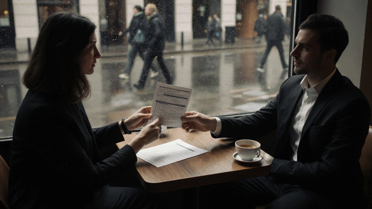 Client and escort reviewing ID and checklist over coffee in a bright café.