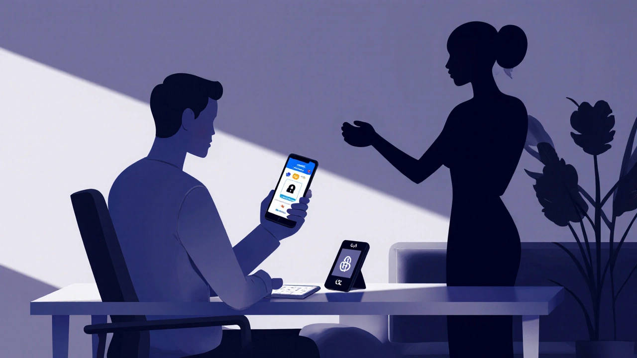 Client reviewing encrypted booking app on phone while companion waits, highlighting safety.