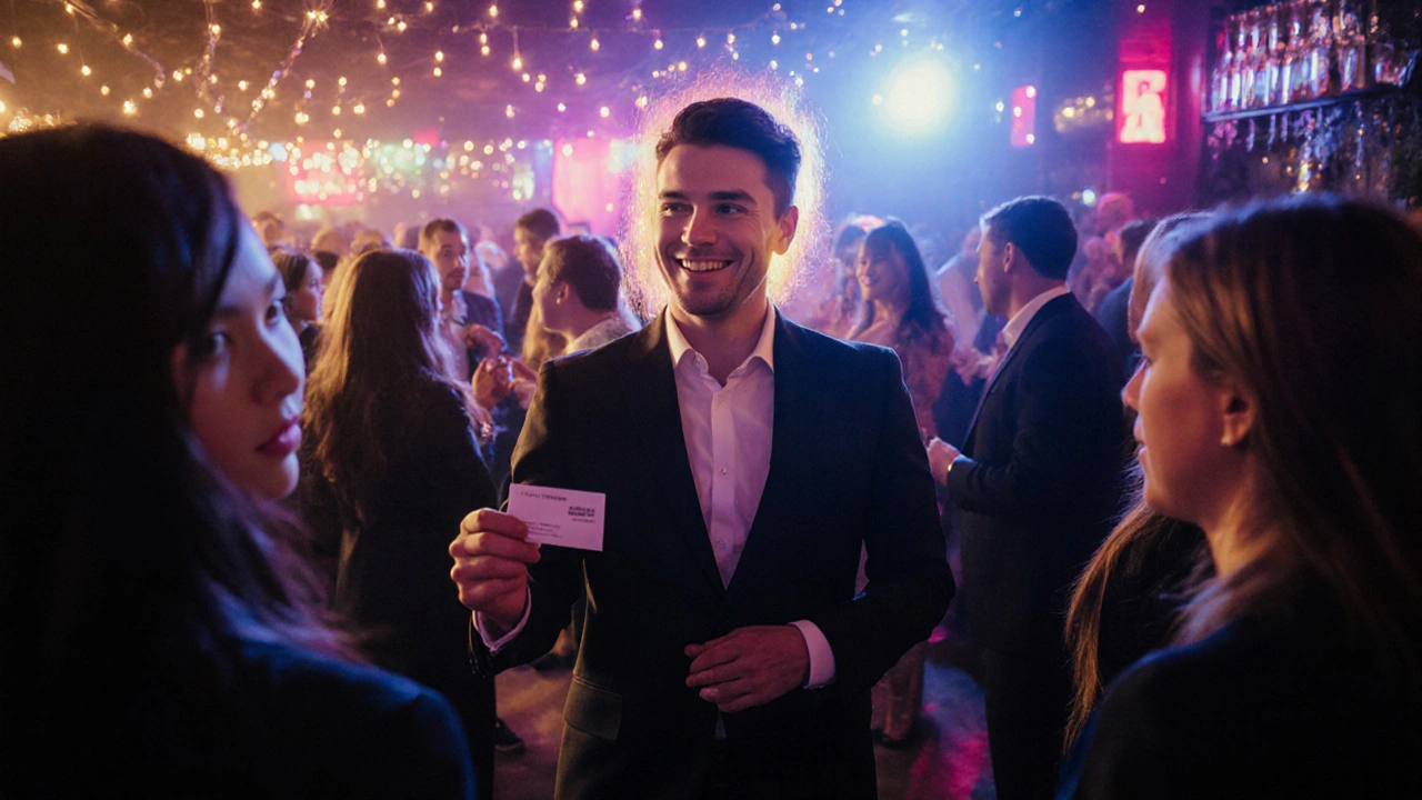Confident person networking at a lively event, smiling and holding a business card.
