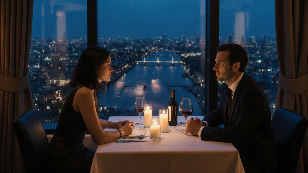 Elegant dinner table with client and escort, candlelight, and London skyline view.