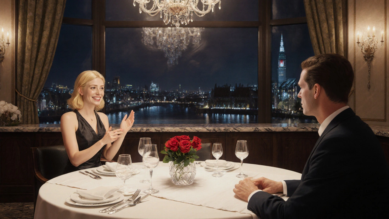 Elegant dinner with a blonde escort and client in a plush London hotel lounge.