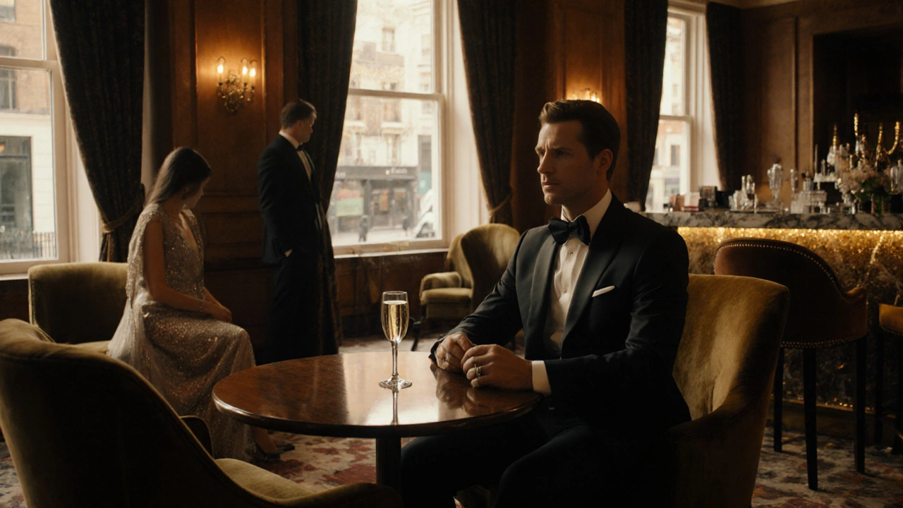 Elegant hotel lounge scene with a well-dressed individual and a discreet companion sharing a drink.