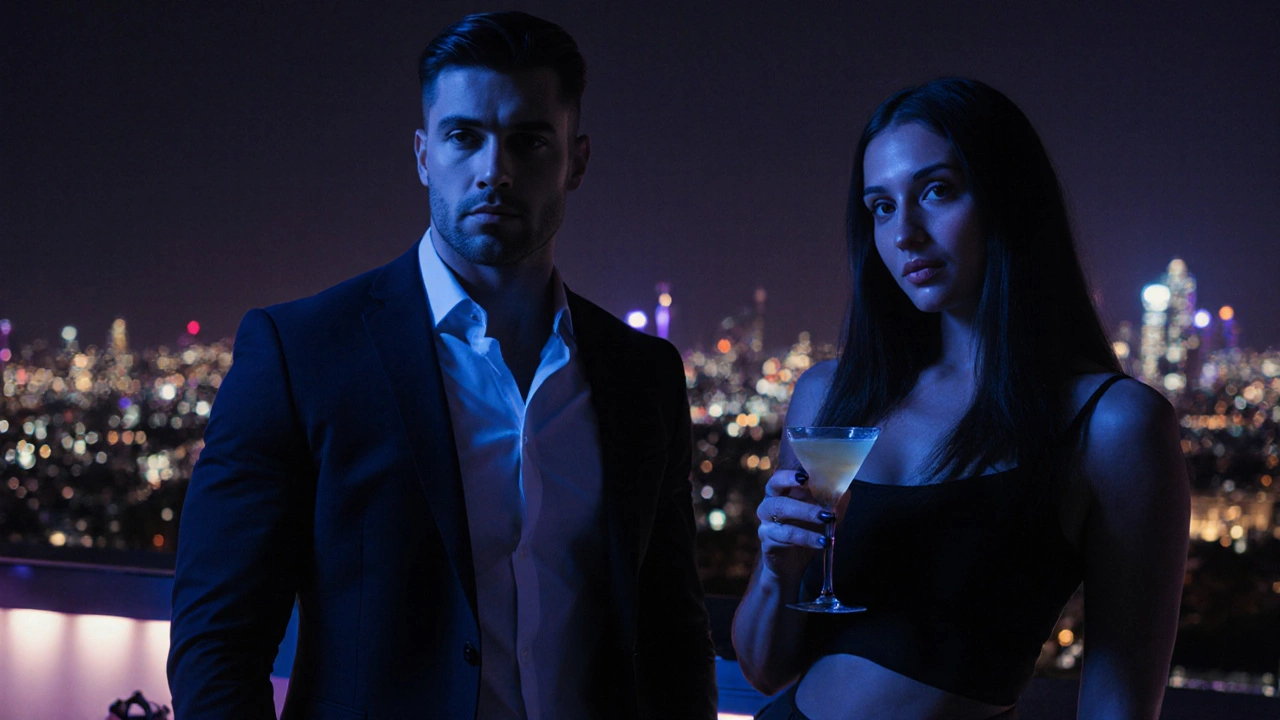 Escort and client enjoying drinks on a rooftop lounge with city lights.