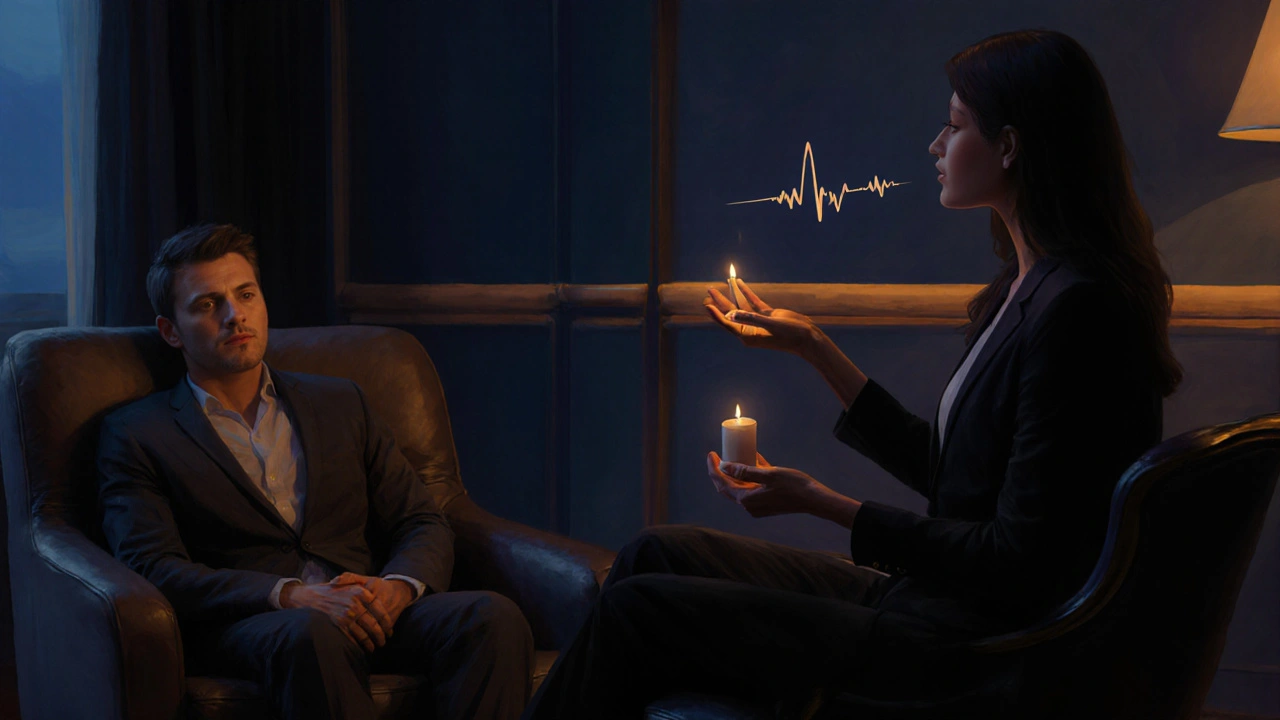 Escort guiding client through meditation in a quiet hotel lounge.