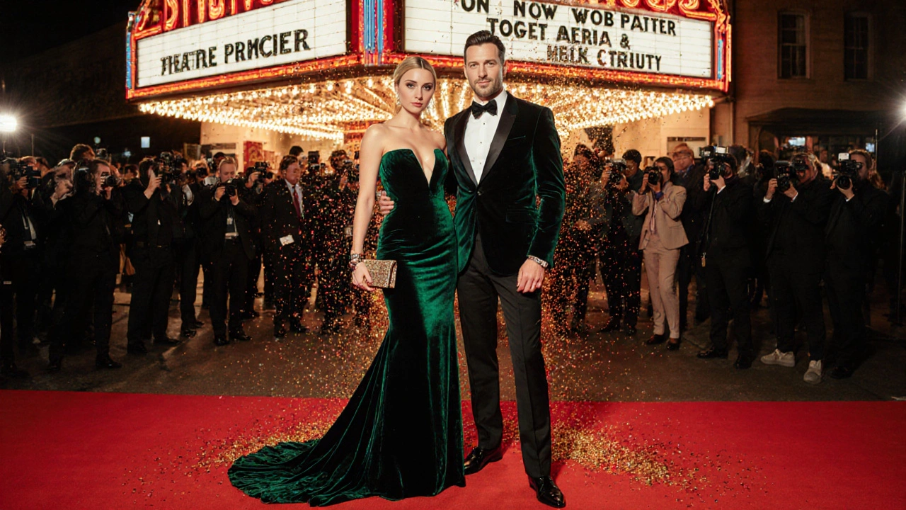 Escort in an emerald velvet gown with a client on a red carpet at a theatre premiere.