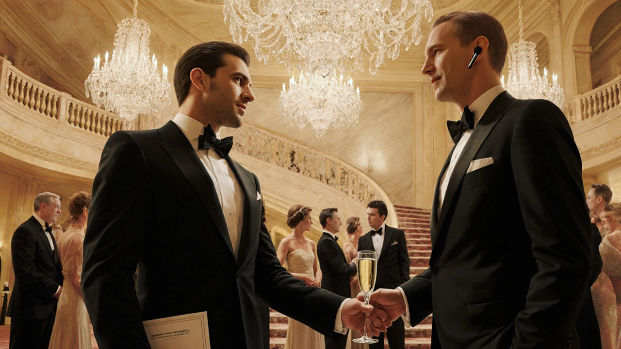Escort introducing client to guests at an elegant gala ballroom.