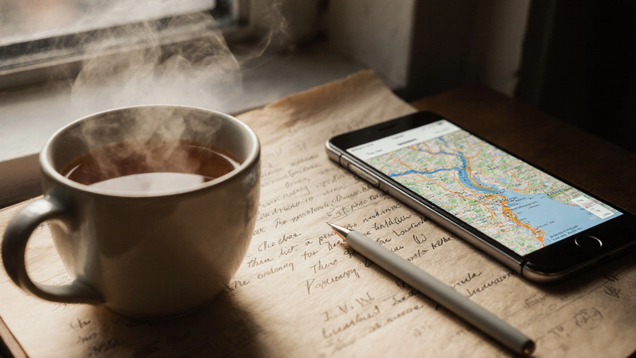 Handwritten travel itinerary with tea and a map on a phone beside it.