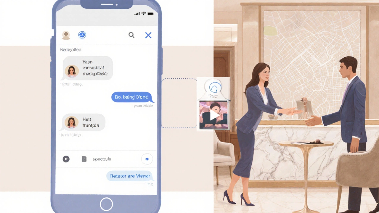 Illustration showing phone messaging, verification video, and a neutral hotel lobby meeting.