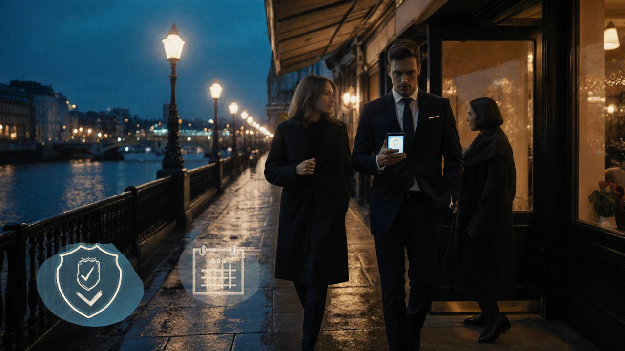 Man leaving a London restaurant at night, holding a phone with safety icons and an escort walking away.