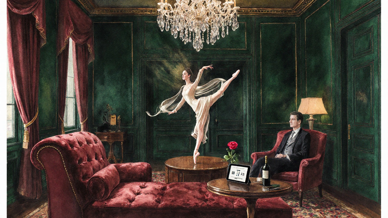Opulent hotel suite with a velvet chaise, chandelier, and an escort performing ballet for a client.