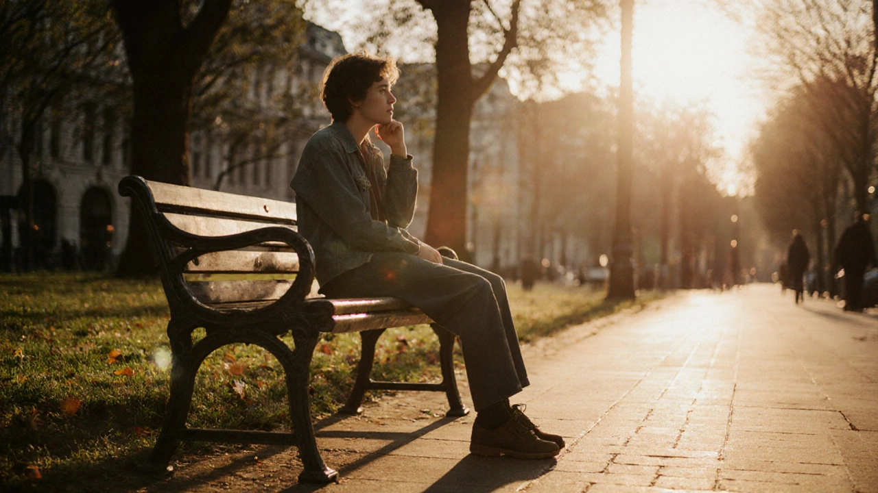 Person sitting calmly on a London park bench at sunset, lost in quiet reflection.