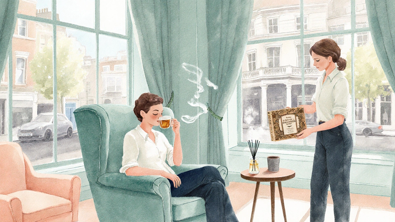 Relaxed client sipping tea while an escort adds a vintage cocktail prop in a lounge.