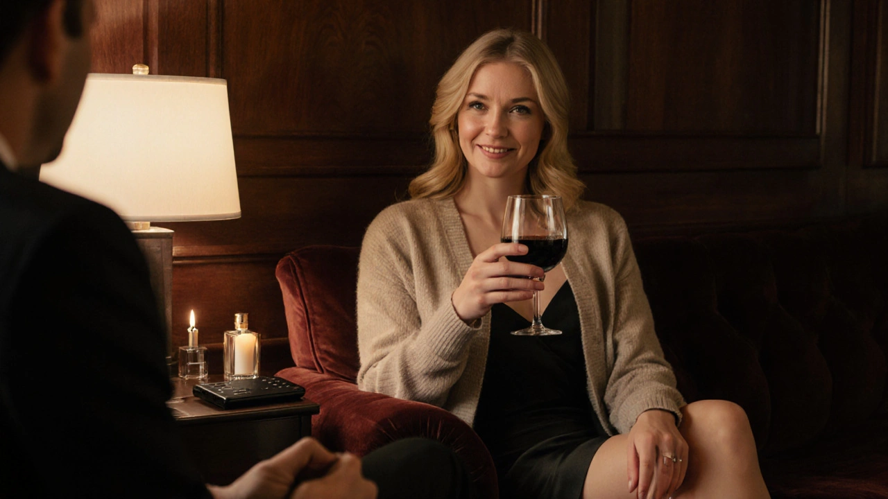 Relaxed private suite with a blonde escort sharing wine and candlelight.