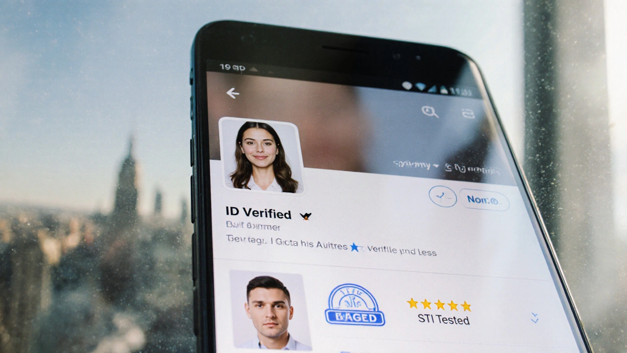 Smartphone screen showing a verified escort platform profile with privacy-blurred details.