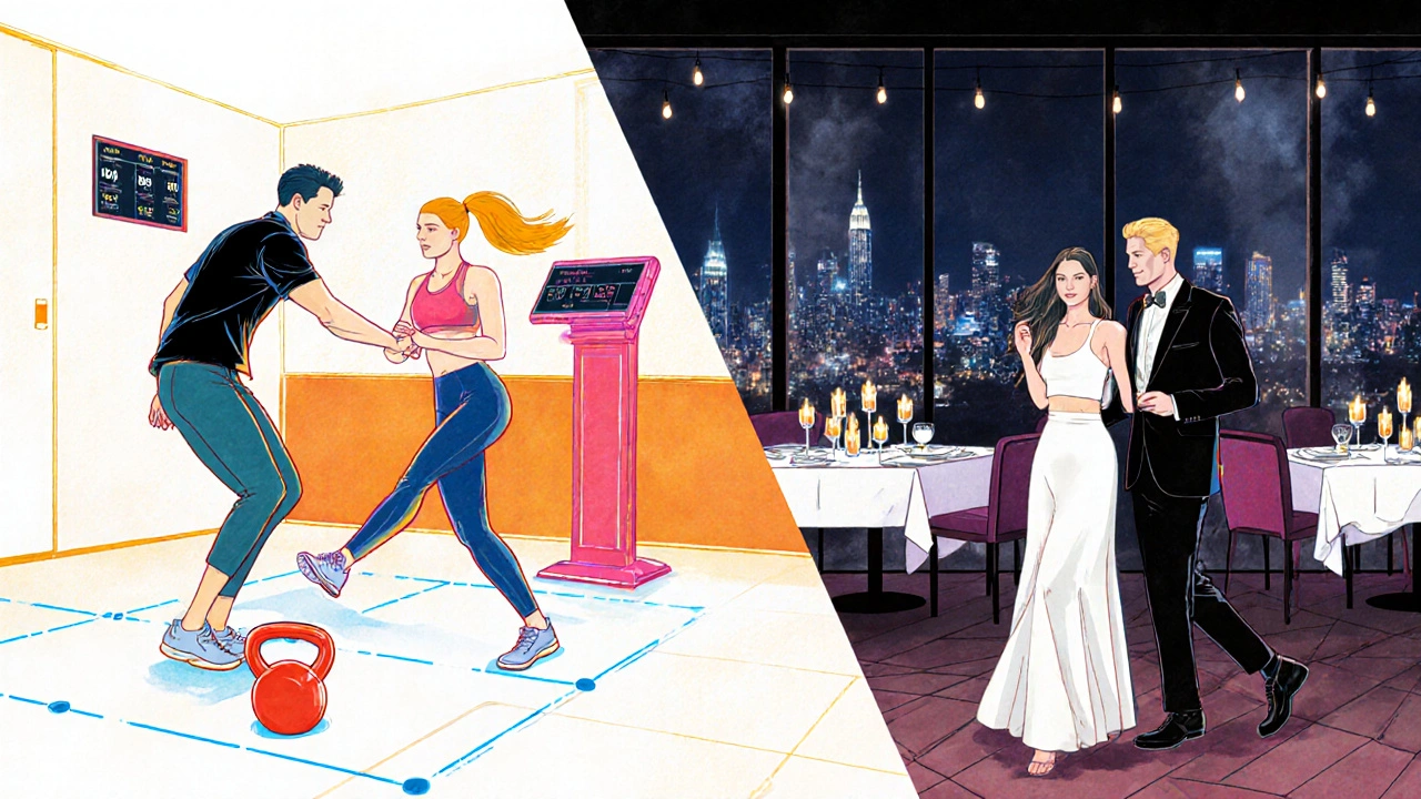 Split scene of a workout session transitioning to a fancy dinner.