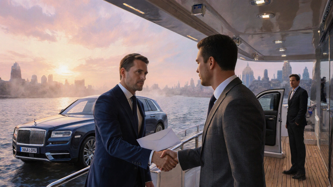 Sunrise on a private yacht with a discreet handshake between an escort and a client, suggesting trust.
