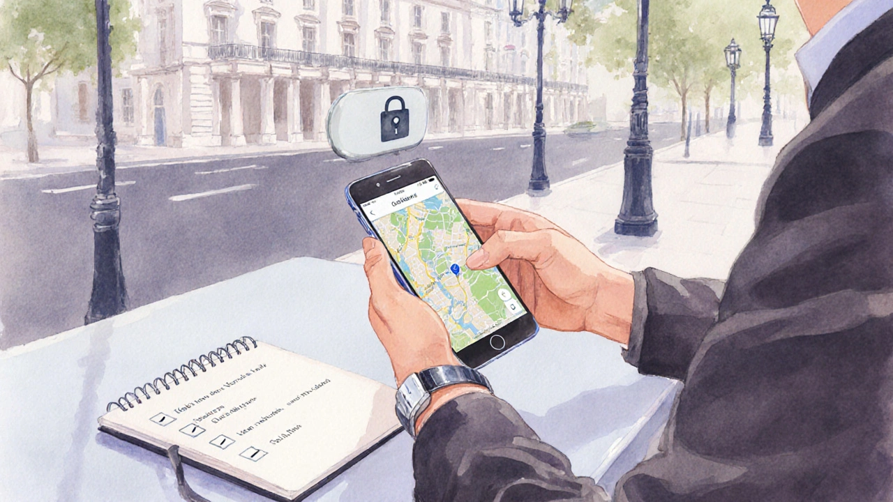 Traveler checking a phone map and checklist on a London street, emphasizing safety.