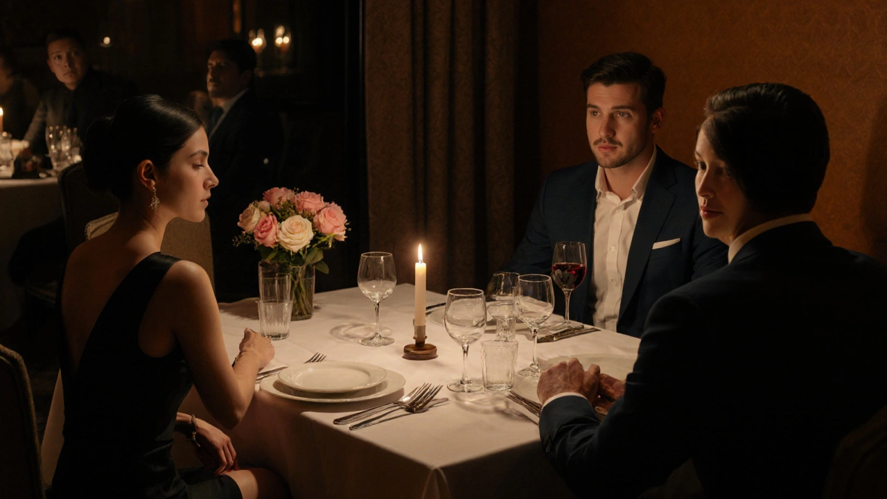 Upscale dining scene with a client and two escorts sharing conversation by candlelight.