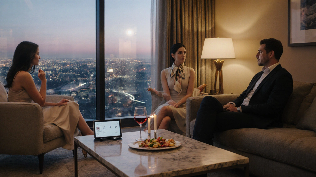 Upscale hotel suite where a well‑dressed companion shares wine with a client.