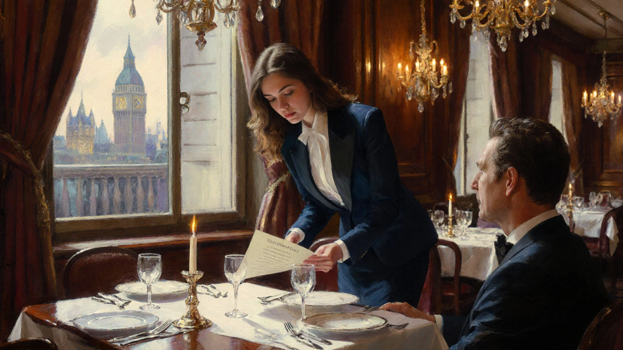 VIP escort in a tuxedo jacket discussing a menu with a client at a luxury restaurant.