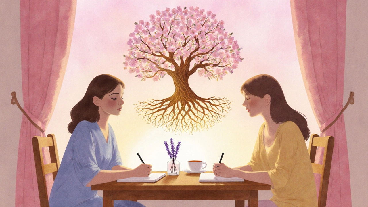 Warm pastel illustration of two people journaling, tree roots symbolizing trust.