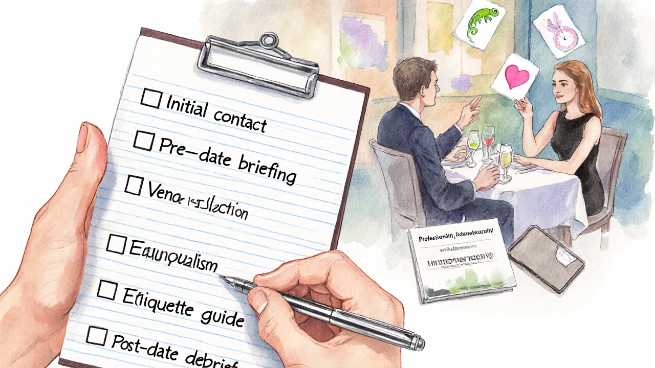 Watercolor illustration of a checklist, etiquette card, and a couple at a restaurant showing service steps.