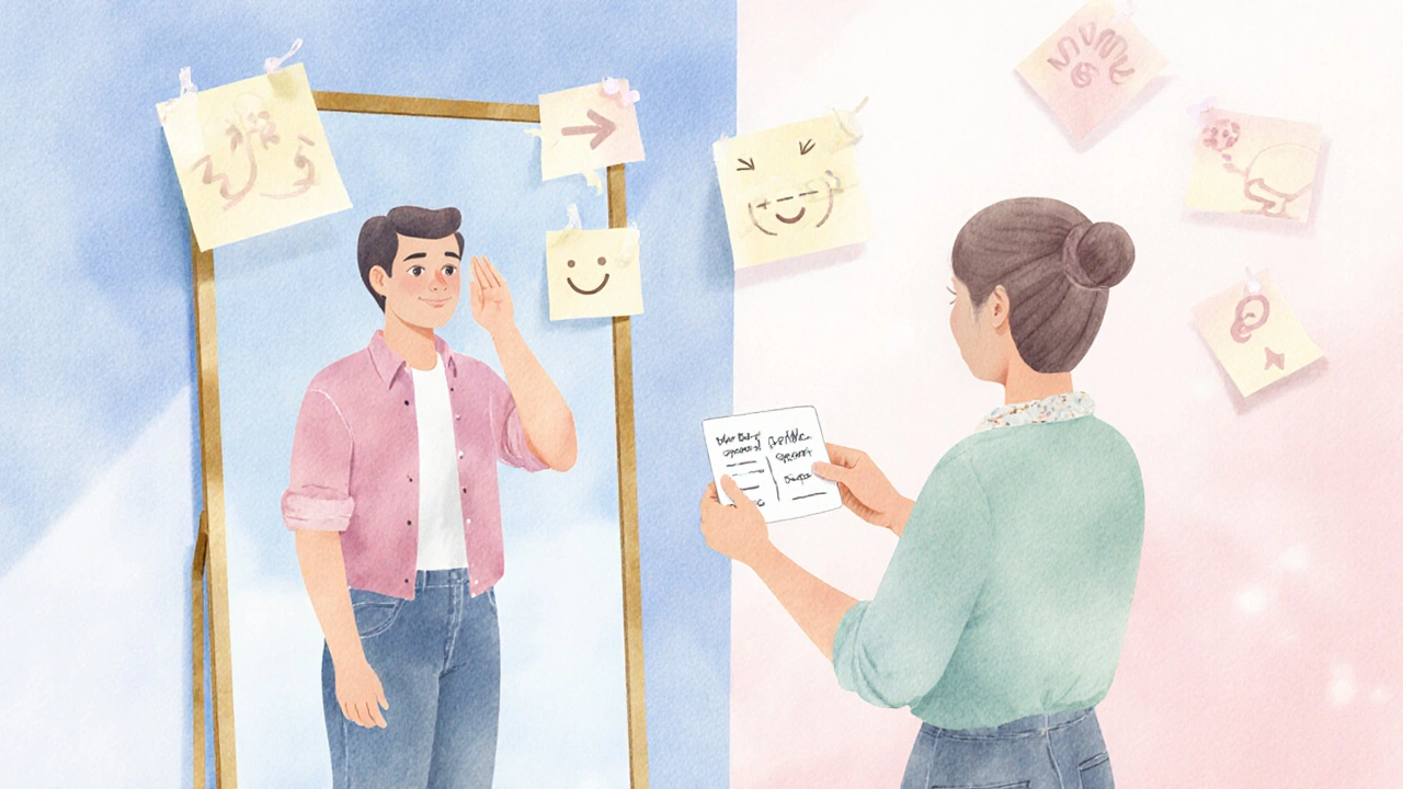 Watercolor illustration of client practicing eye contact in front of a mirror with escort giving feedback.