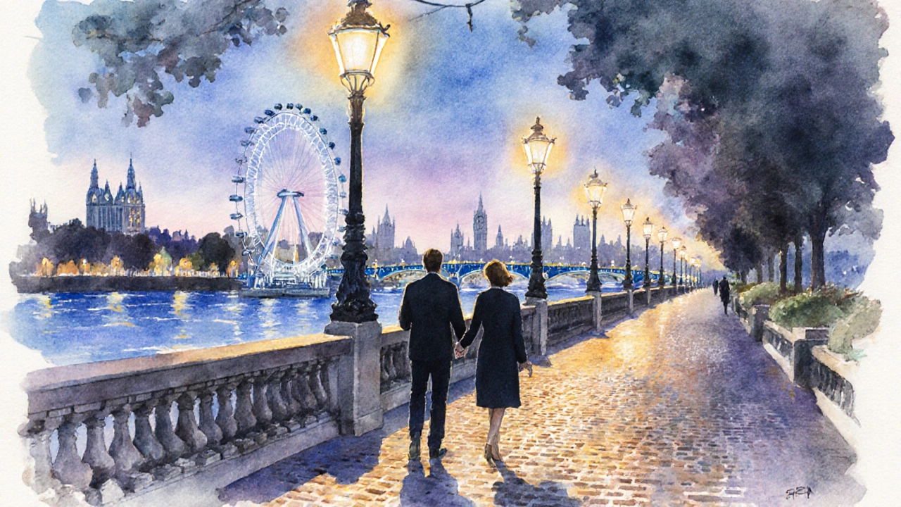 Watercolor scene of a client and escort strolling by the Thames at night.