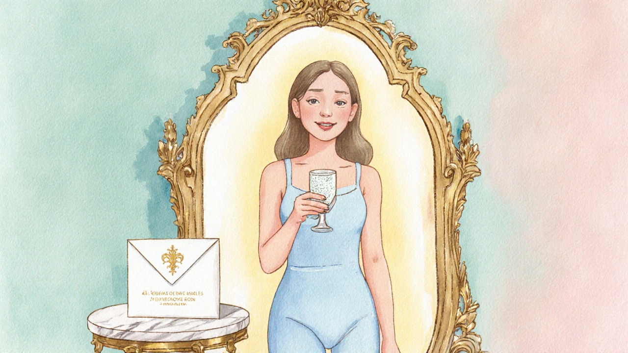Woman feeling confident, smiling at herself in a mirror after a professional escort session.