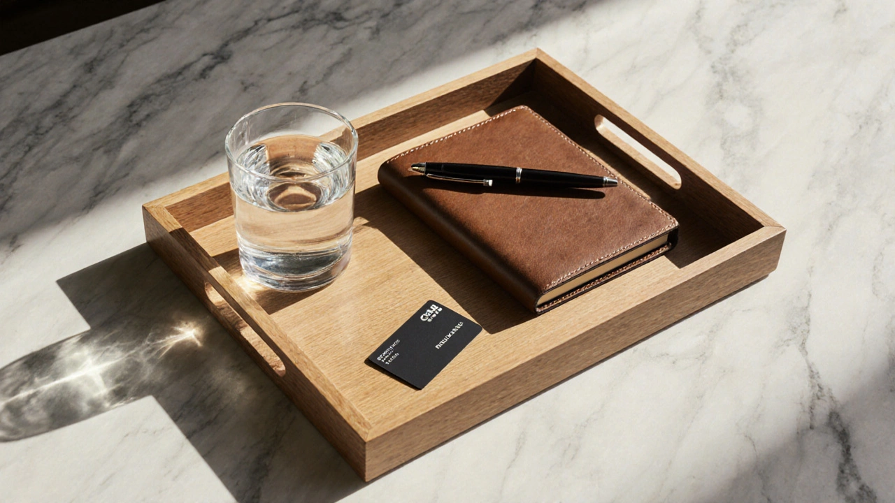 Wooden tray with water, notebook, and pen, symbolizing professional preparation.