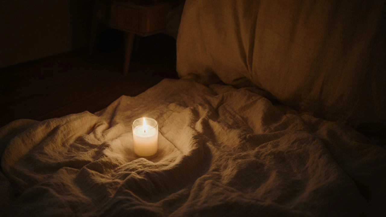A candlelit bedroom floor with a blanket, evoking quiet, safe intimacy.