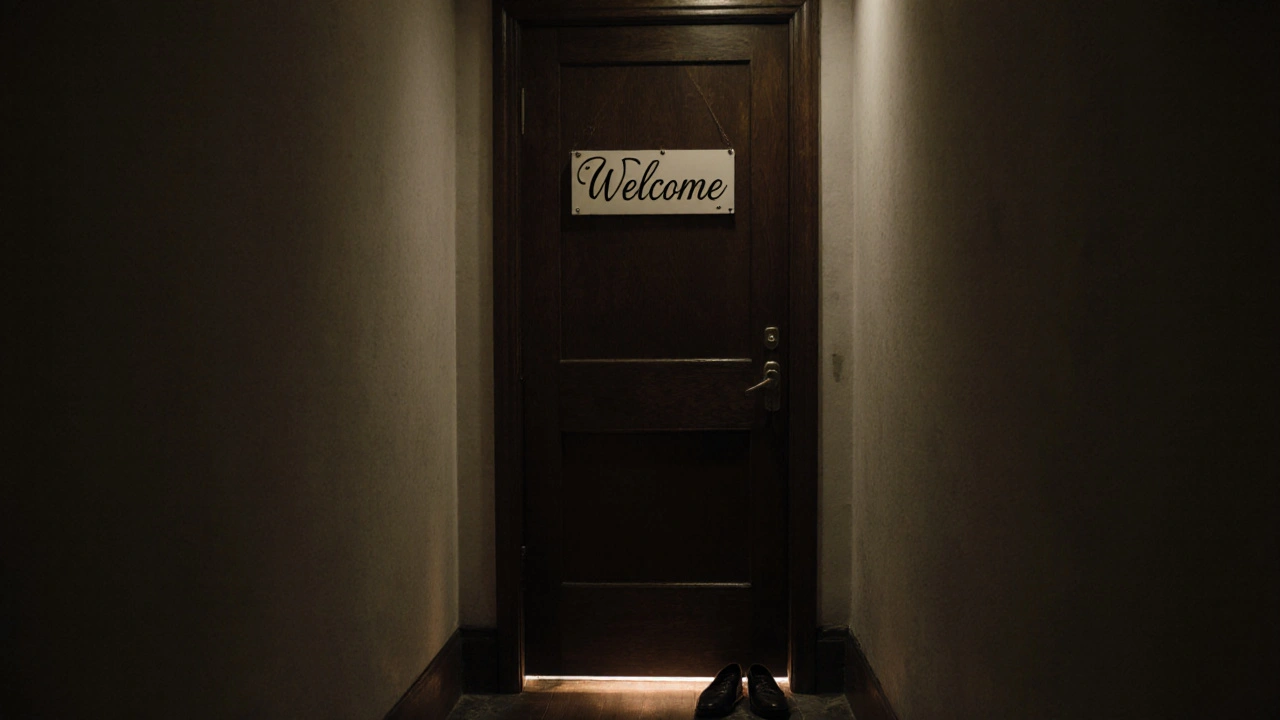 A closed door with a handwritten &#039;Welcome&#039; sign, glowing faintly from within.