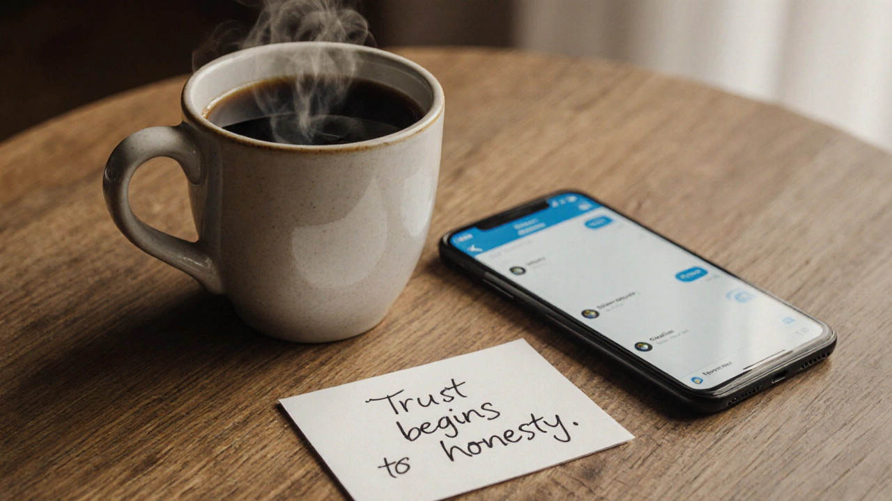 A coffee mug and phone with a secure messaging app on a wooden table.