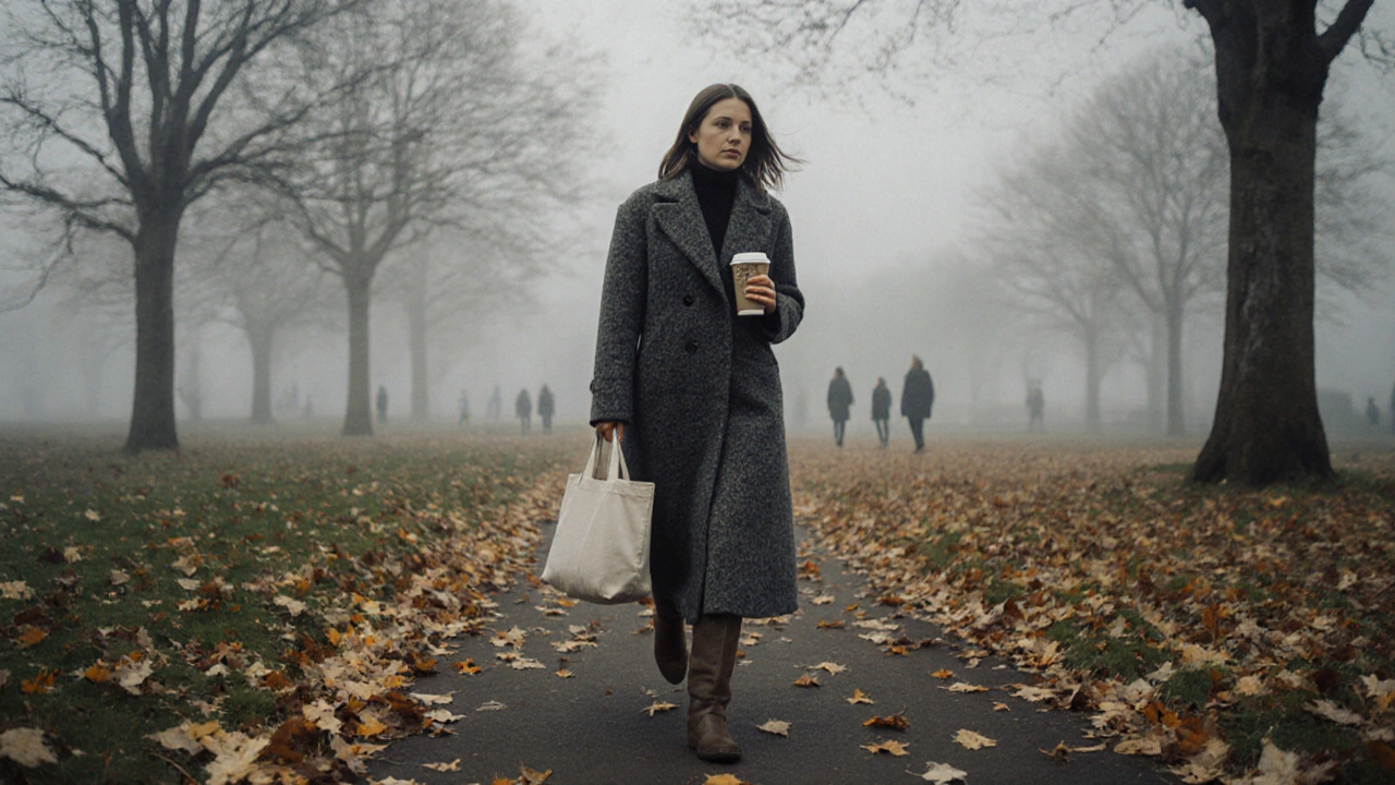 A confident curvy woman walking through a leaf-strewn London park in autumn.