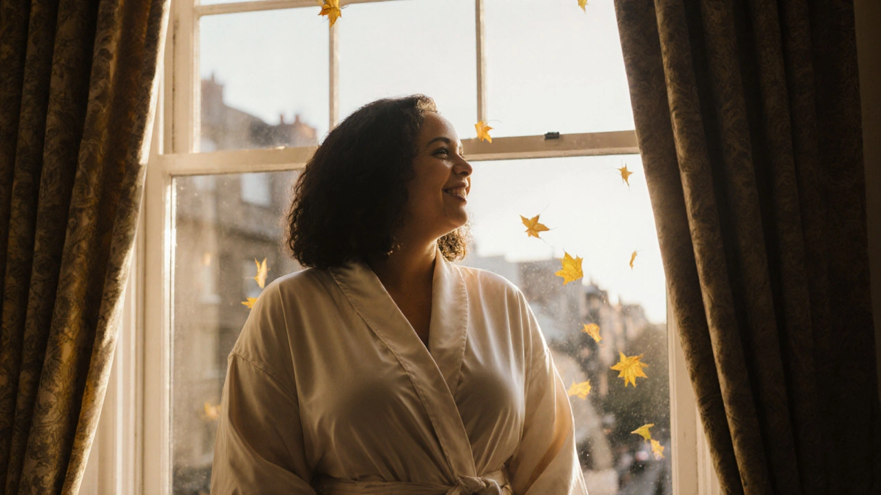A confident woman in a robe smiling gently by a window in autumn London.