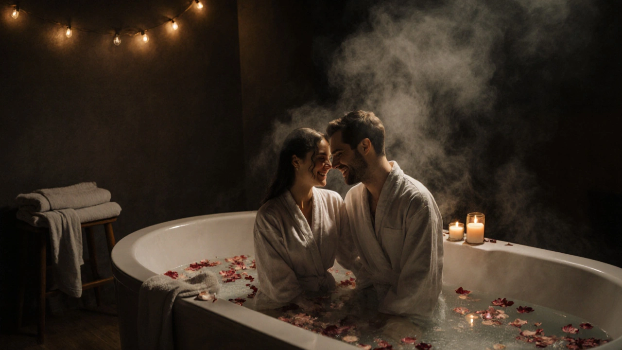 A couple smiling softly after a relaxing session beside a steaming bath with petals.