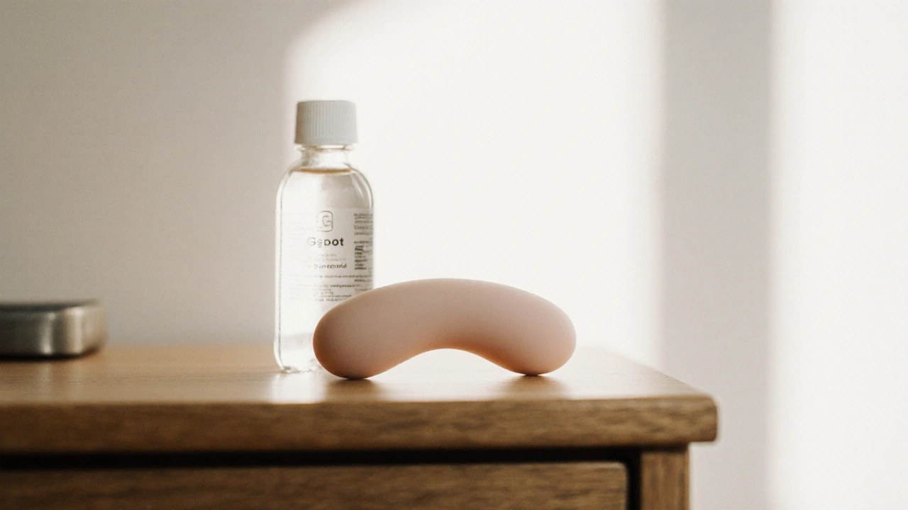 A curved silicone toy and lubricant bottle on a wooden nightstand in natural morning light.