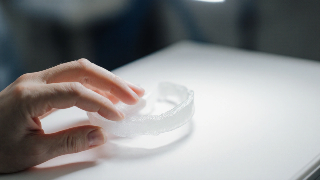 A dental dam being placed gently on a clean surface, symbolizing safety and professionalism.