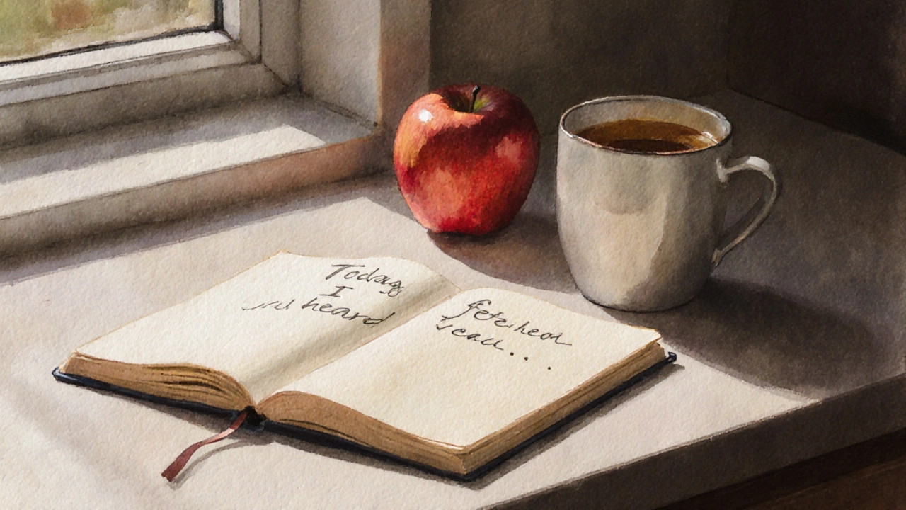 A handwritten note saying &#039;Today I felt heard&#039; beside a mug of tea on a kitchen counter.