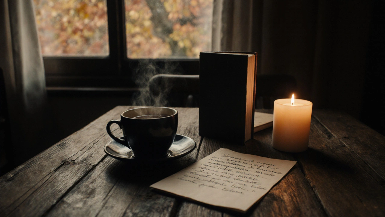 A handwritten note, tea cup, and book on a wooden table with a candle and autumn leaves visible through a window.