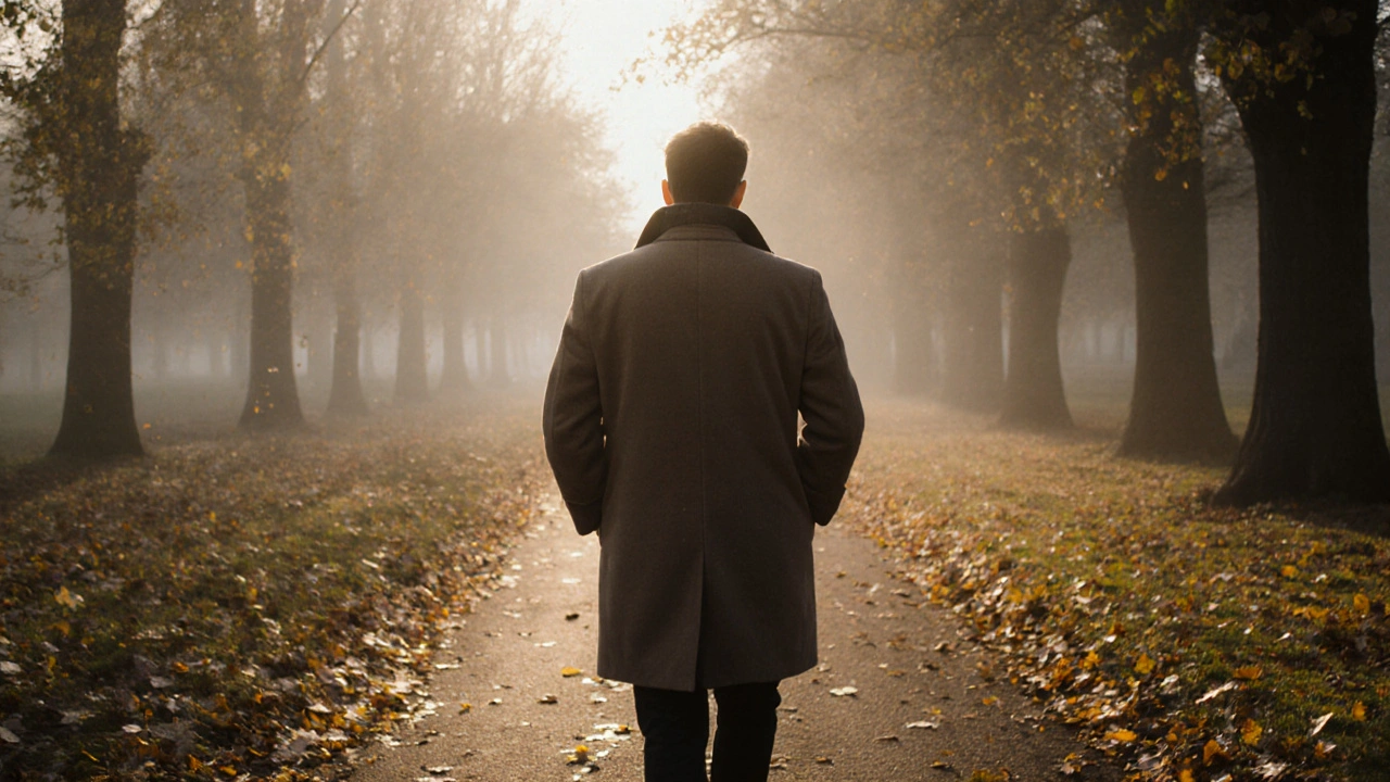 A man walking alone through autumn leaves in Hyde Park, serene and contemplative.