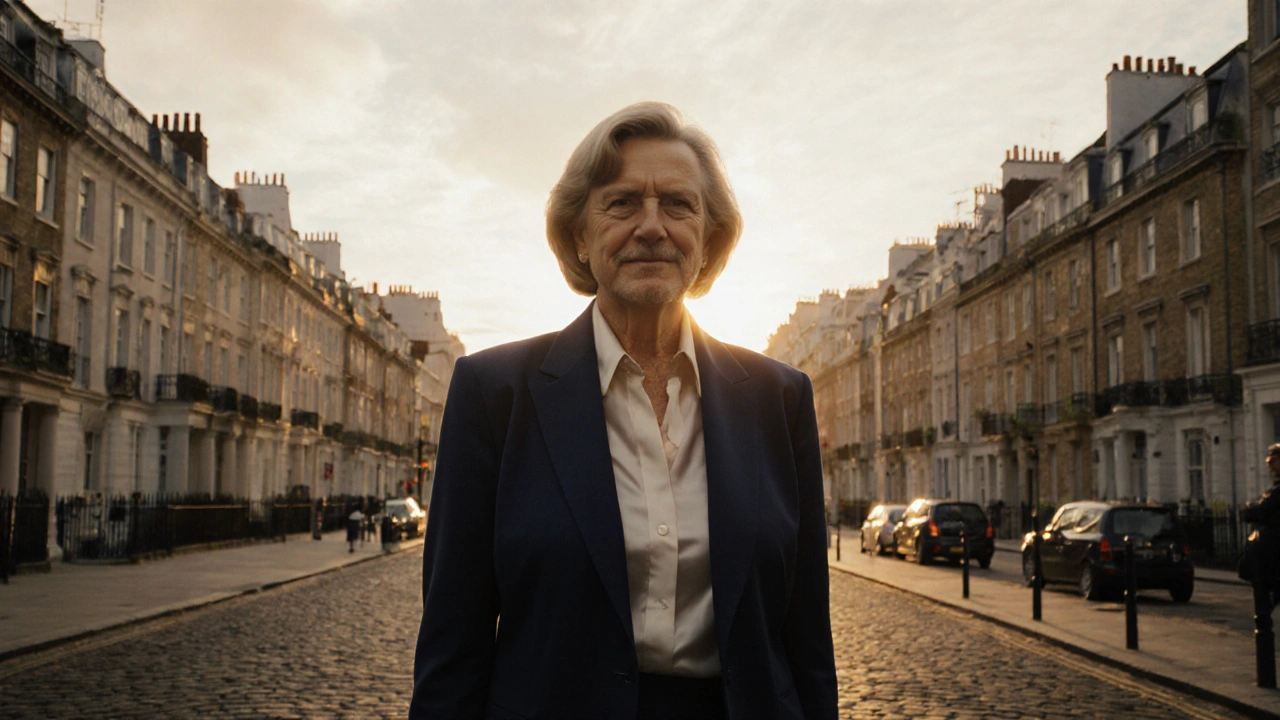 A mature woman in a blazer standing confidently on a London street at sunset.
