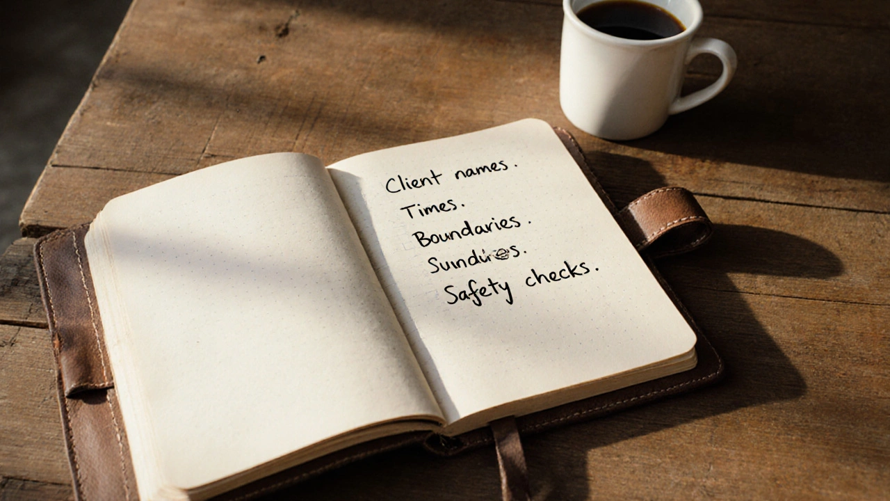 A notebook with handwritten safety notes and a coffee cup on a wooden table, symbolizing organized, thoughtful work.