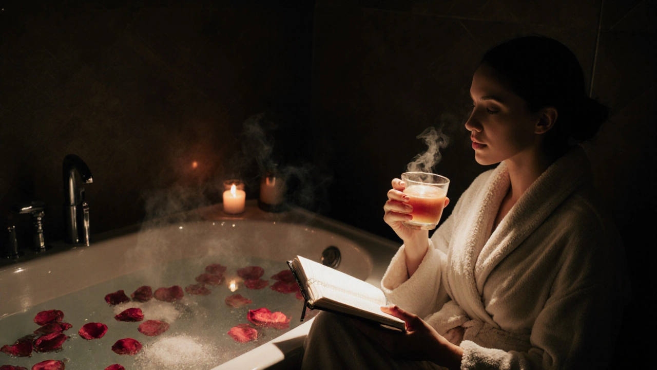 A person alone in a tranquil bathroom, wrapped in a robe, journal and tea beside a scented bath.
