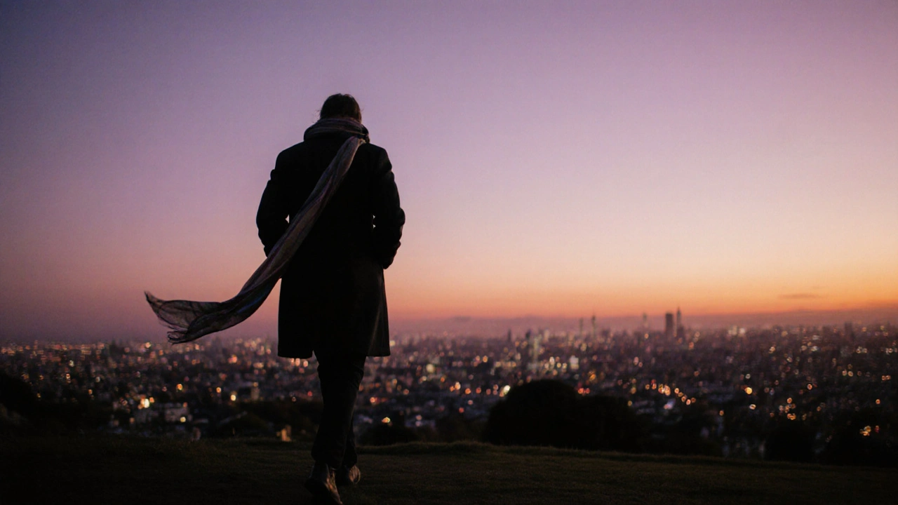 A person walking alone along Primrose Hill at sunset, silhouette against a colorful sky.