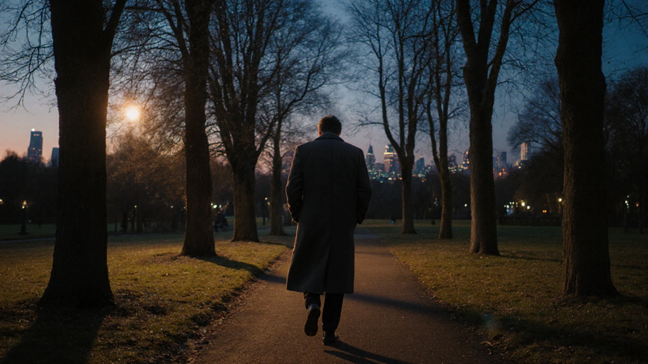 A person walking alone in Bushy Park at dusk, surrounded by golden autumn light and long shadows.