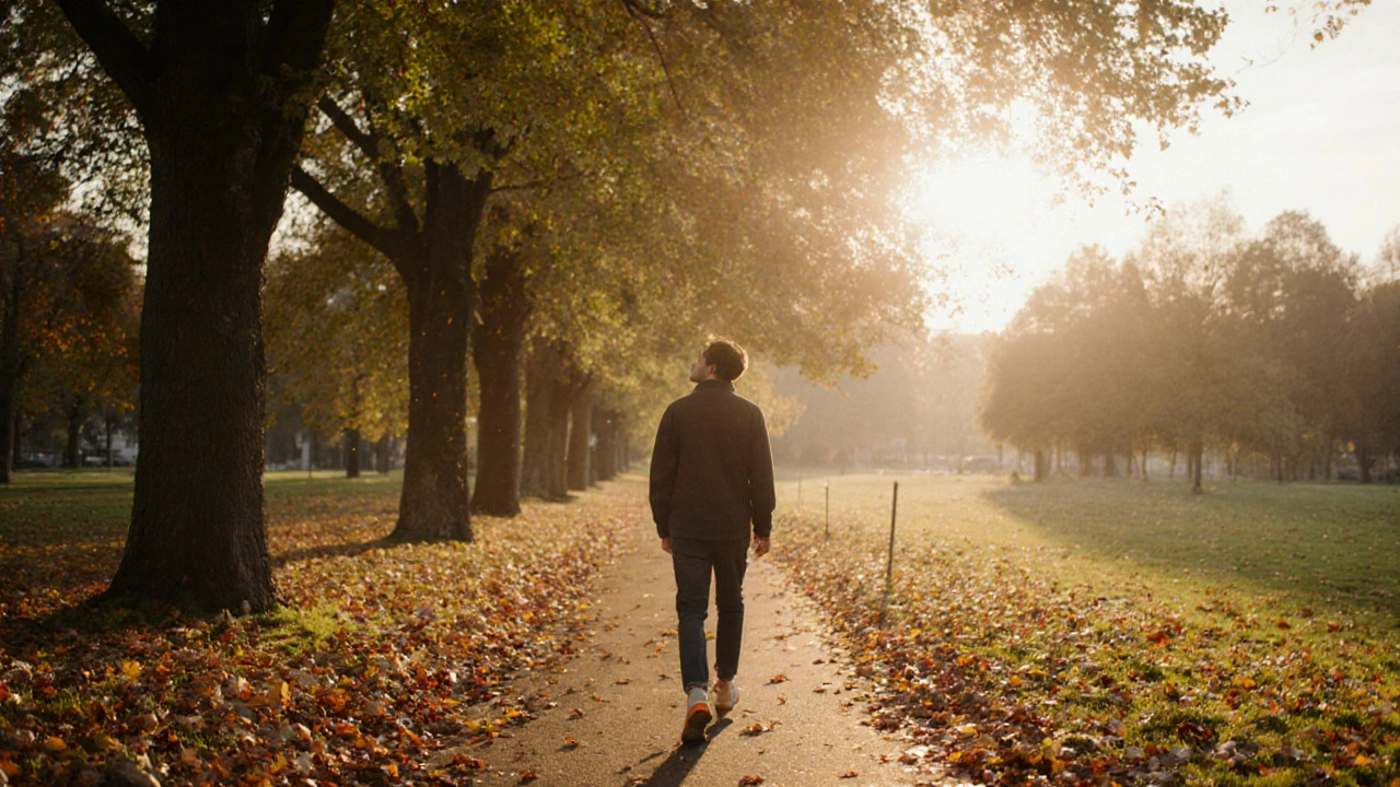 A person walking alone in Richmond Park at sunset, surrounded by falling autumn leaves.
